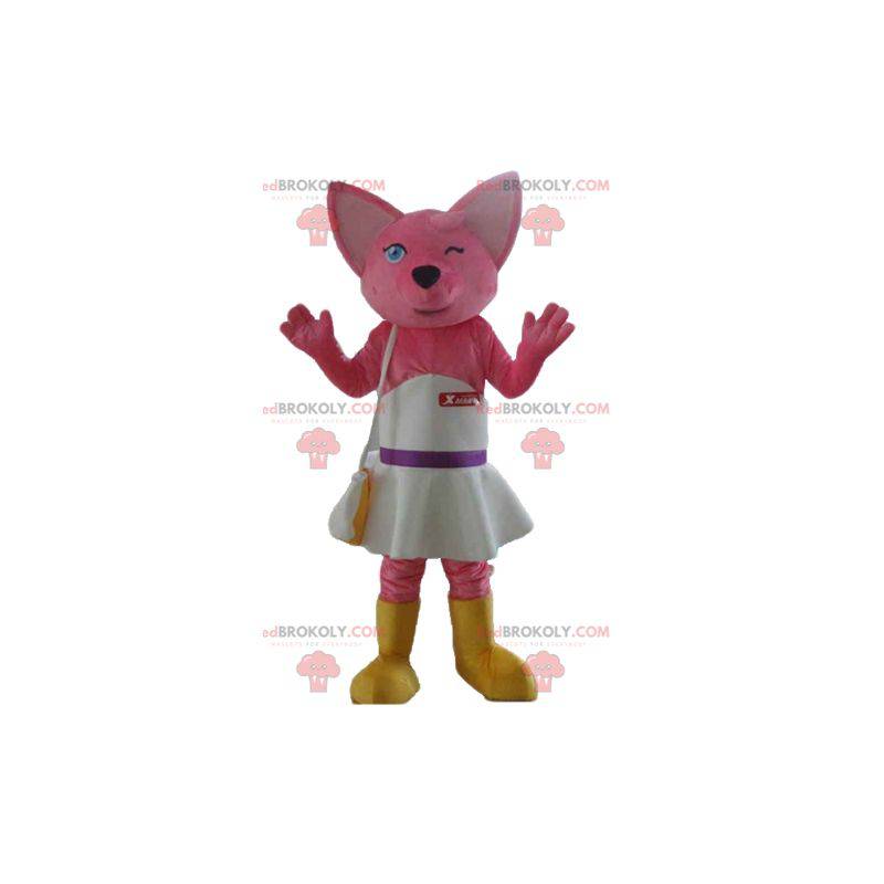 Mascotte de chat rose de renard avec une robe blanche -