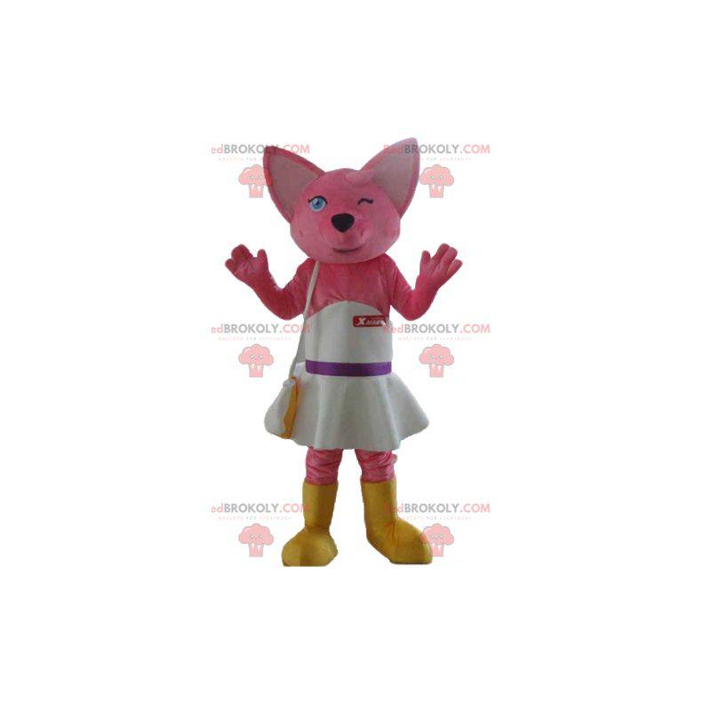 Rosa Fuchs-Katzenmaskottchen mit einem weißen Kleid -