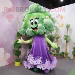 Lavender Broccoli mascot costume character dressed with a Dress and Shoe clips