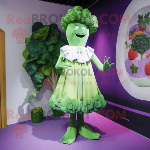 Lavender Broccoli mascot costume character dressed with a Dress and Shoe clips