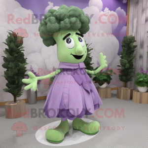 Lavender Broccoli mascot costume character dressed with a Dress and Shoe clips