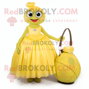 Lemon Yellow Kiwi mascot costume character dressed with a Ball Gown and Handbags