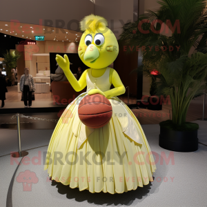 Lemon Yellow Kiwi mascot costume character dressed with a Ball Gown and Handbags