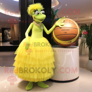 Lemon Yellow Kiwi mascot costume character dressed with a Ball Gown and Handbags