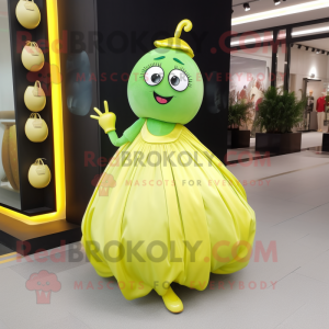 Lemon Yellow Kiwi mascot costume character dressed with a Ball Gown and Handbags