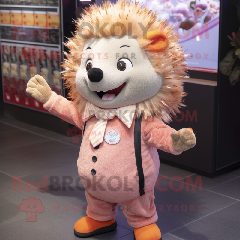 Peach Hedgehog mascot costume character dressed with a Button-Up Shirt and Hairpins