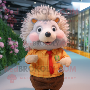 Peach Hedgehog mascot costume character dressed with a Button-Up Shirt and Hairpins