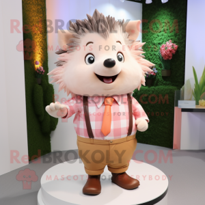 Peach Hedgehog mascot costume character dressed with a Button-Up Shirt and Hairpins