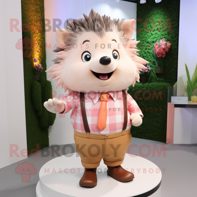 Peach Hedgehog mascot costume character dressed with a Button-Up Shirt and Hairpins Peach Hedgehog mascot costume character dressed with a Button-Up Shirt and Hairpins