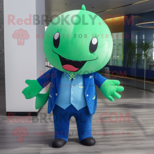 Green Blue Whale mascot costume character dressed with a Suit and Shoe laces