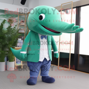 Green Blue Whale mascot costume character dressed with a Suit and Shoe laces