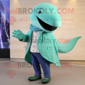 Green Blue Whale mascot costume character dressed with a Suit and Shoe laces