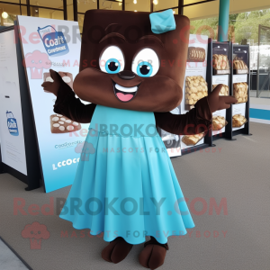 Cyan Chocolate Bars mascot costume character dressed with a A-Line Skirt and Earrings