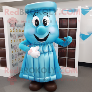 Cyan Chocolate Bars mascot costume character dressed with a A-Line Skirt and Earrings