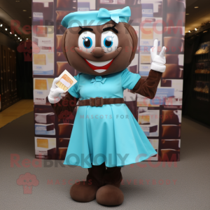 Cyan Chocolate Bars mascot costume character dressed with a A-Line Skirt and Earrings