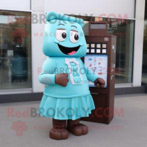 Cyan Chocolate Bars mascot costume character dressed with a A-Line Skirt and Earrings