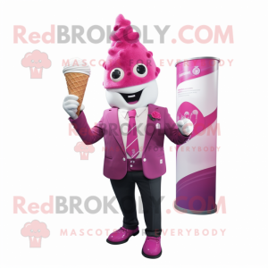 Magenta Ice Cream Cone mascot costume character dressed with a Blazer and Lapel pins