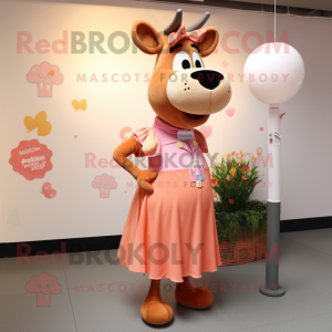 Peach Jersey Cow mascot costume character dressed with a Maxi Dress and Brooches