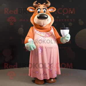 Peach Jersey Cow mascot costume character dressed with a Maxi Dress and Brooches