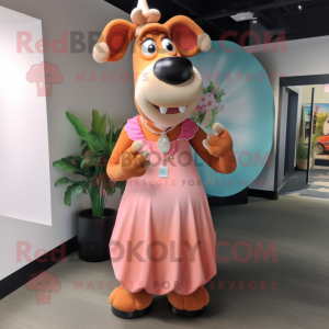 Peach Jersey Cow mascot costume character dressed with a Maxi Dress and Brooches