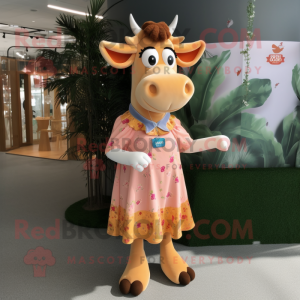 Peach Jersey Cow mascot costume character dressed with a Maxi Dress and Brooches