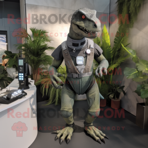 Gray Allosaurus mascot costume character dressed with a Dungarees and Smartwatches