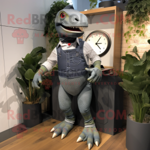 Gray Allosaurus mascot costume character dressed with a Dungarees and Smartwatches