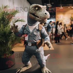 Gray Allosaurus mascot costume character dressed with a Dungarees and Smartwatches