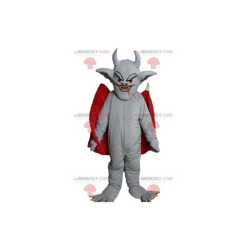 Mascota del diablo murciélago gris con una capa roja -