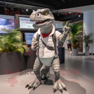 Gray Allosaurus mascot costume character dressed with a Dungarees and Smartwatches