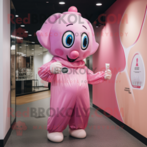 Pink Champagne mascot costume character dressed with a Jumpsuit and Wraps