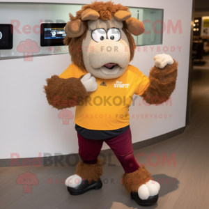 Brown Suffolk Sheep mascot costume character dressed with a Running Shorts and Smartwatches