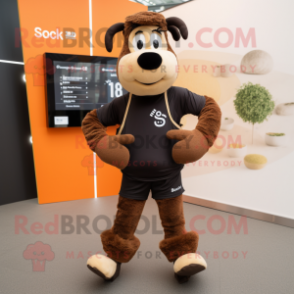 Brown Suffolk Sheep mascot costume character dressed with a Running Shorts and Smartwatches