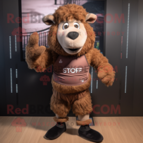 Brown Suffolk Sheep mascot costume character dressed with a Running Shorts and Smartwatches