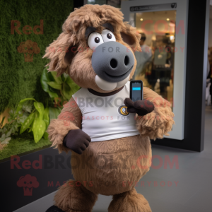 Brown Suffolk Sheep mascot costume character dressed with a Running Shorts and Smartwatches