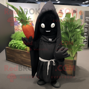 Black Carrot mascot costume character dressed with a Sweatshirt and Shawls