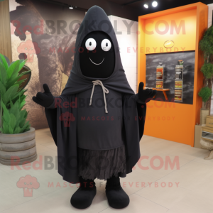 Black Carrot mascot costume character dressed with a Sweatshirt and Shawls