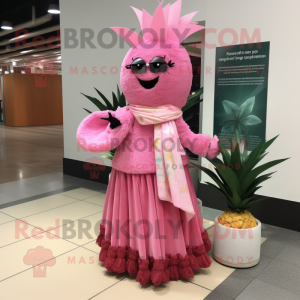 Pink Pineapple mascot costume character dressed with a Maxi Dress and Scarf clips