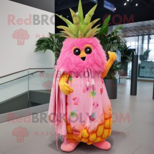 Pink Pineapple mascot costume character dressed with a Maxi Dress and Scarf clips