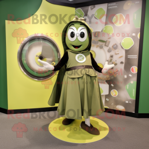 Olive Knife Thrower mascot costume character dressed with a Circle Skirt and Coin purses