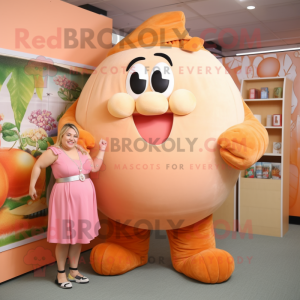 Peach Strongman mascot costume character dressed with a Pencil Skirt and Wraps