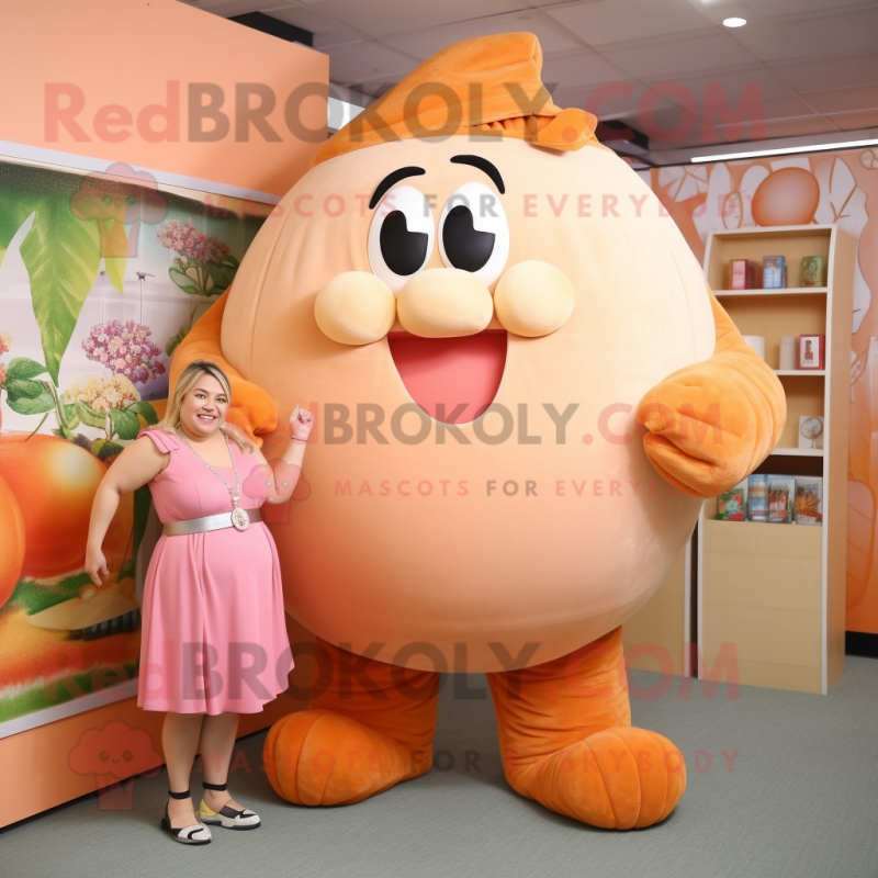 Peach Strongman mascot costume character dressed with a Pencil Skirt and Wraps Peach Strongman mascot costume character dressed with a Pencil Skirt and Wraps
