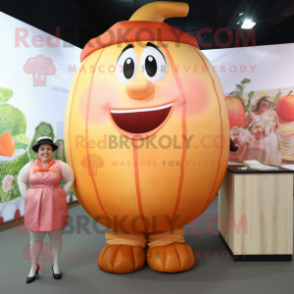 Peach Strongman mascot costume character dressed with a Pencil Skirt and Wraps