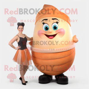 Peach Strongman mascot costume character dressed with a Pencil Skirt and Wraps