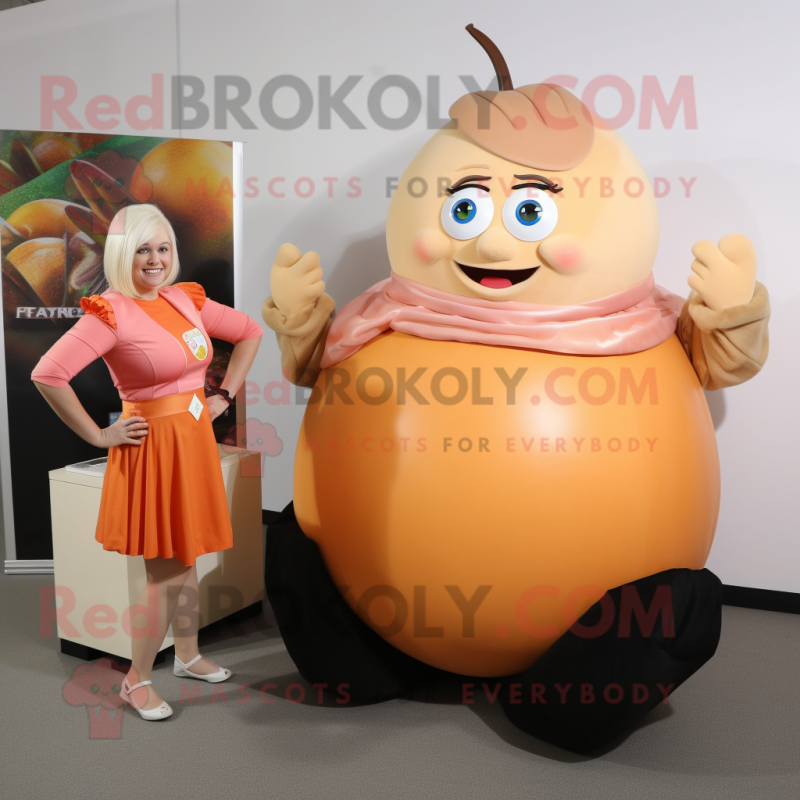 Peach Strongman mascot costume character dressed with a Pencil Skirt and Wraps