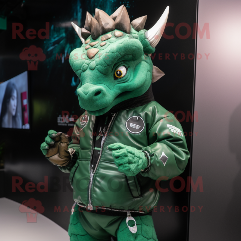 Forest Green Triceratops mascot costume character dressed with a Leather Jacket and Smartwatches