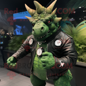 Forest Green Triceratops mascot costume character dressed with a Leather Jacket and Smartwatches