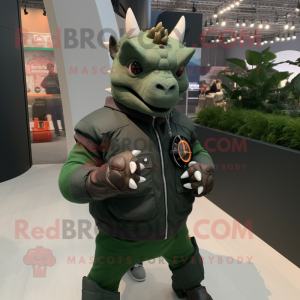 Forest Green Triceratops mascot costume character dressed with a Leather Jacket and Smartwatches