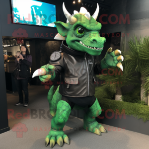 Forest Green Triceratops mascot costume character dressed with a Leather Jacket and Smartwatches