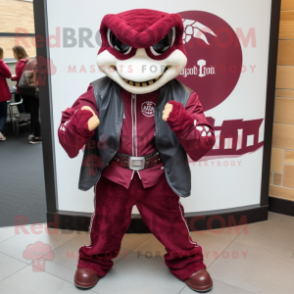 Maroon Hydra mascot costume character dressed with a Moto Jacket and Scarf clips